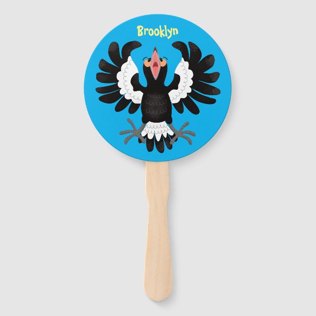 Funny Australian magpie cartoon illustration Hand Fan (Front)