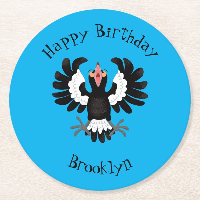 Funny Australian magpie cartoon illustration Round Paper Coaster (Front)