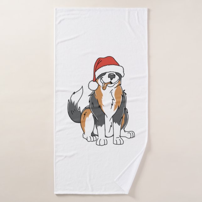 Funny Australian Shepherd Christmas Dog in Santa H Bath Towel (Bath Towel)