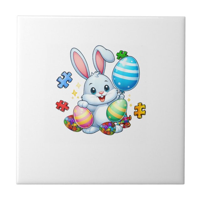 Funny Autism Awareness Puzzle Easter Bunny Eggs Ki Ceramic Tile (Front)