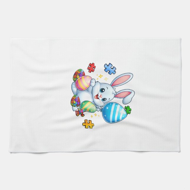 Funny Autism Awareness Puzzle Easter Bunny Eggs Ki Tea Towel (Horizontal)