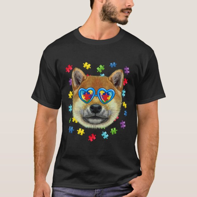 Funny Autism Shiba Inu Dog Puzzle Sunglasses Boys  T-Shirt (Front)
