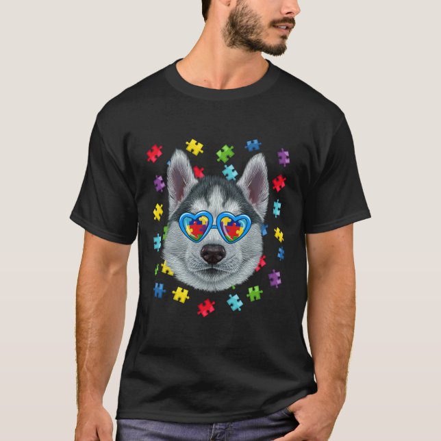 Funny Autism Siberian Husky Dog Puzzle Sunglasses  T-Shirt (Front)