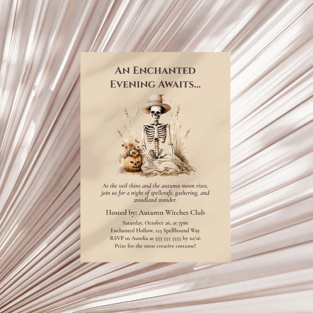 Funny Autumn Skeleton – Witchy Fall Gathering Invitation (Funny Autumn Skeleton – Witchy Fall Gathering Invitation on a boho neutral dry palm leaf)