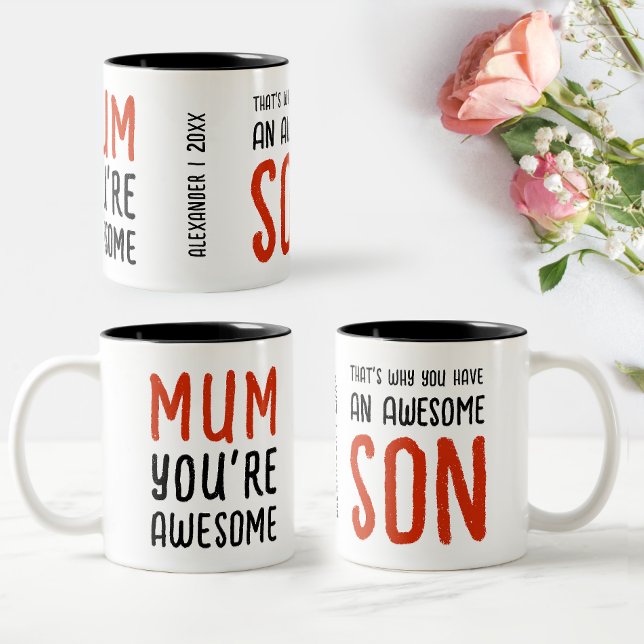 Funny Awesome Mum Son Modern Red Black Typography  Two-Tone Coffee Mug (Creator Uploaded)