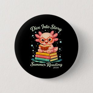 Funny axolotl dive into story summer reading kids 6 cm round badge