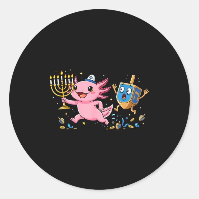Funny Axolotl Dreidel Menorah Hanukkah Kids Womens Classic Round Sticker (Front)