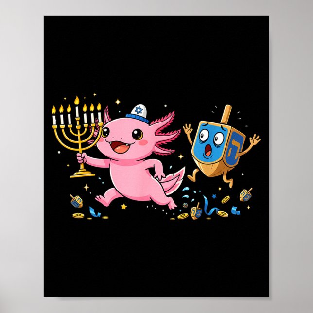 Funny Axolotl Dreidel Menorah Hanukkah Kids Womens Poster (Front)