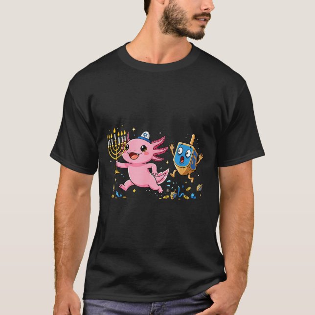 Funny Axolotl Dreidel Menorah Hanukkah Kids Womens T-Shirt (Front)