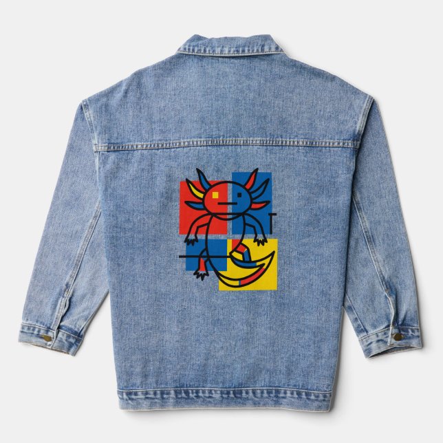 Funny Axolotl Piet Mondrian Abstract Art Pattern Denim Jacket (Back)