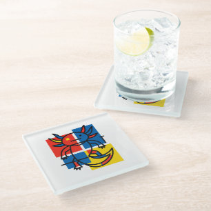 Funny Axolotl Piet Mondrian Abstract Art Pattern Glass Coaster