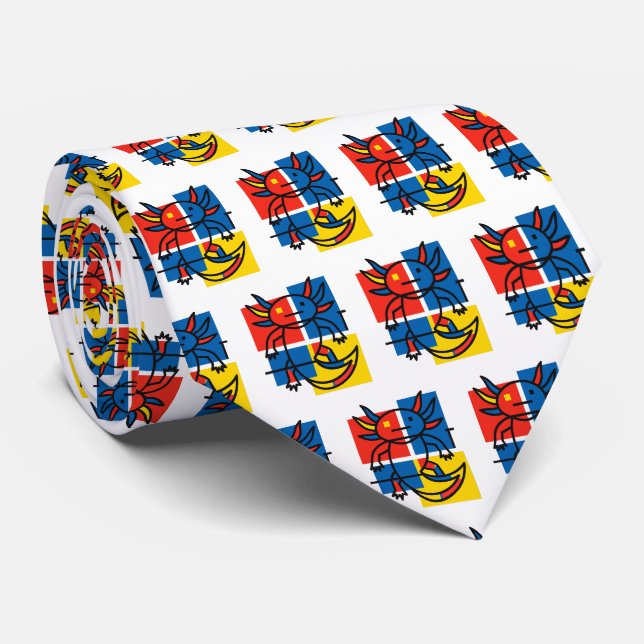 Funny Axolotl Piet Mondrian Abstract Art Pattern Tie (Rolled)