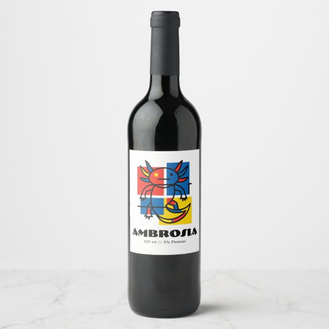 Funny Axolotl Piet Mondrian Abstract Art Pattern Wine Label (Front)