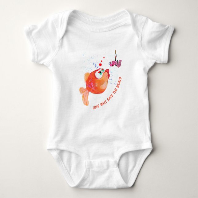 Funny Baby Bodysuit with Happy Fish and Worm (Front)
