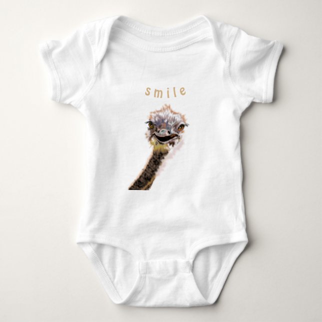 Funny Baby Bodysuit with Playful Ostrich - Smile (Front)