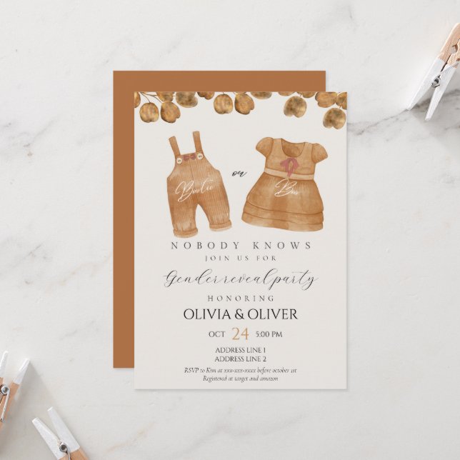 Funny baby clothes gender reveal invitation (Front/Back In Situ)