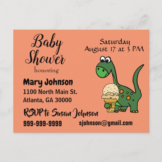 Funny Baby Dinosaur and Ice Cream Baby Shower Invitation Postcard (Front)