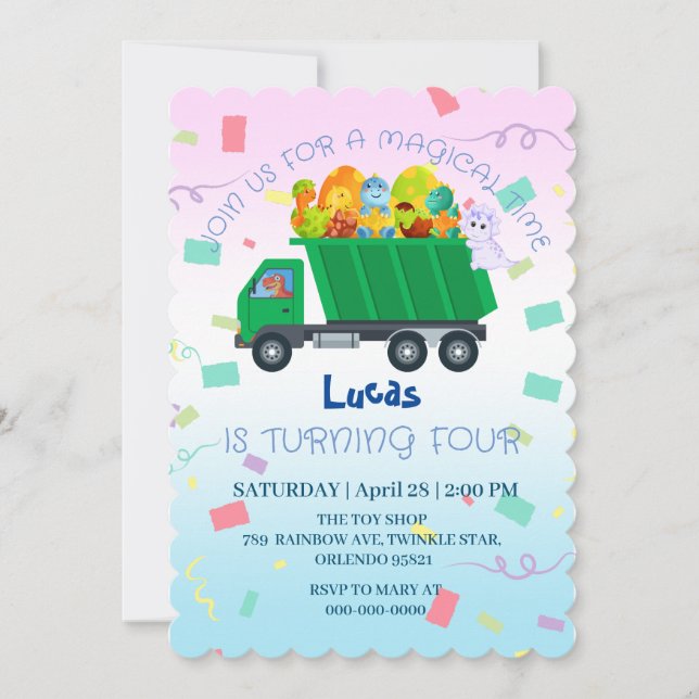 Funny baby dinosaur garbage truck Birthday Name Invitation (Front)