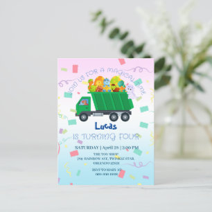 Funny baby dinosaur garbage truck Birthday Name Postcard
