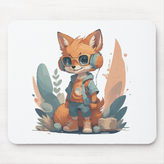 Funny baby fox headphone mouse pad (Front)