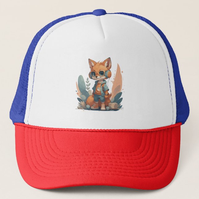 Funny baby fox headphone trucker hat (Front)