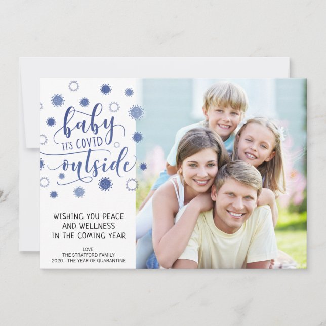 Funny BABY ITS COVID OUTSIDE Typography Blue Holiday Card (Front)