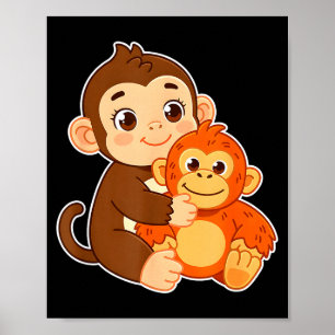Funny baby monkey with stuffed animal tee graphic poster