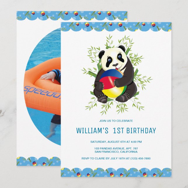 Funny Baby Panda Playing Ball Happy 1st Birthday   Invitation (Front/Back)