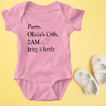 Funny Baby Party at My Crib Personalised  Baby Bodysuit<br><div class="desc">Get ready to bring the giggles and laughs to the party with our hilarious baby one-piece body suit! Featuring the cheeky text "Party. [Editable Name]'s Crib. 2AM.", this outfit sets the stage for some late-night shenanigans. Personalise the name to make it extra special and tailor it to your little one's...</div>