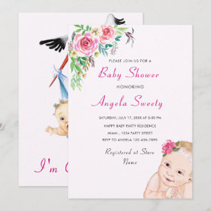 Funny Baby Shower Invitation Stork Carrying Baby