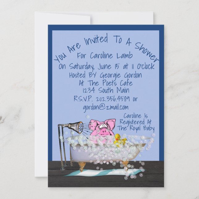 Funny Baby Shower Invitation W/Pig Showering (Front)