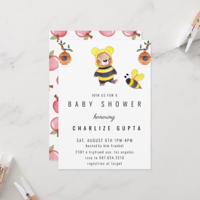 funny Baby Shower Teddy Bear Honey Bee Invitation (Front/Back In Situ)