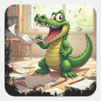 Funny Back to School Dinosaur Eating Homework Square Sticker