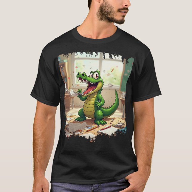 Funny Back to School Dinosaur Eating Homework  T-Shirt (Front)