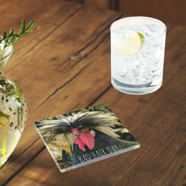 Funny Bad Hair Day Chicken Meme Glass Coaster (In Situ Glass)