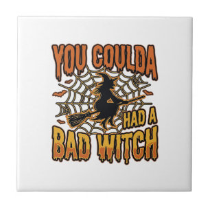 Funny Bad Witch Halloween Vintage Engraving Design Ceramic Tile