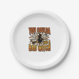 Funny Bad Witch Halloween Vintage Engraving Design Paper Plate