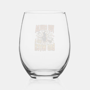 Funny Bad Witch Halloween Vintage Engraving Design Stemless Wine Glass