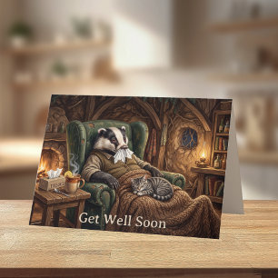 Funny Badger & Cat Get Well Soon Sick Day Humour Card