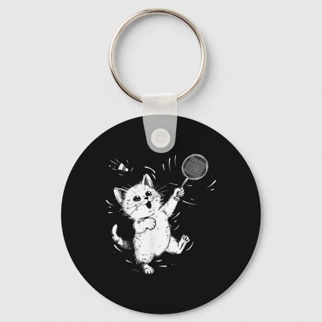 Funny Badminton Cute Cat Badminton Player Shuttle  Key Ring (Front)