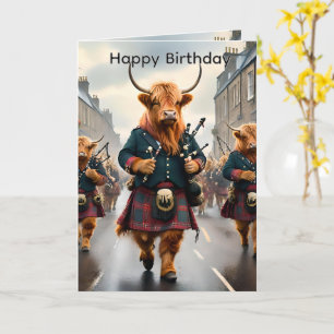 Funny Bagpiping Highland Cow Band, Birthday Card