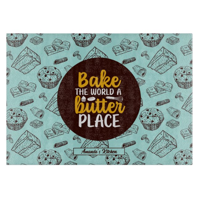 Funny Bake Butter Pun Cake Muffin Bakery Pattern Cutting Board (Front)