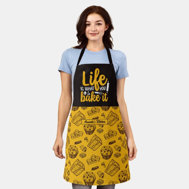 Funny Baker Life Quote Vintage Cake Muffin Pattern Apron (Worn)