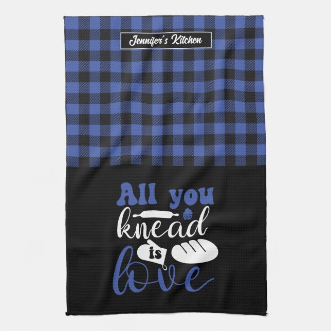 Funny Baker Pun All You Knead Is Love Plaid Tea Towel (Vertical)