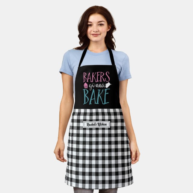 Funny Baking Bakers Gonna Bake Black White Plaid Apron (Worn)