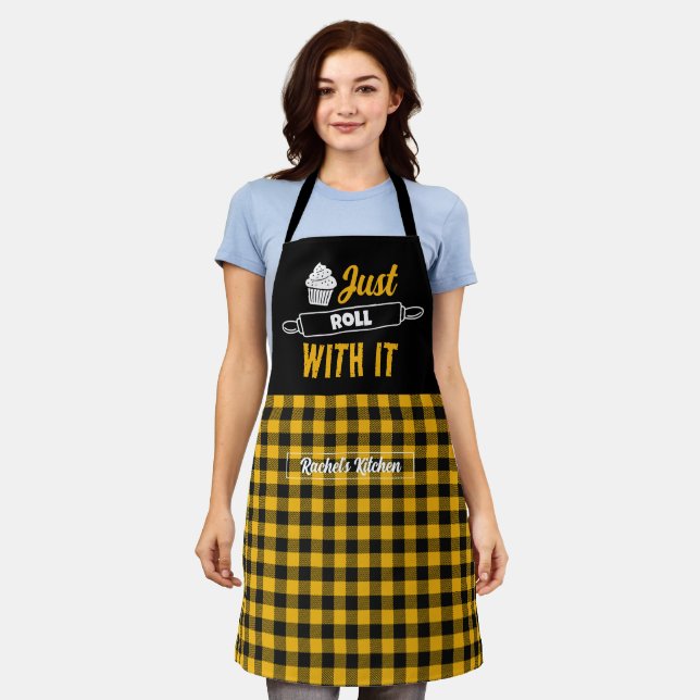 Funny Baking Just Roll With It Black Yellow Plaid Apron (Worn)