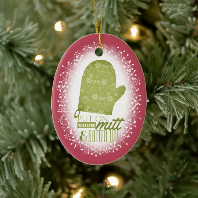 Funny baking oven mitt batter up Christmas Ceramic Ornament (Tree)
