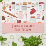 Funny Baking Saying Modern Kitchen Pink Tea Towel<br><div class="desc">Funny Baking Saying Modern Kitchen Pink Kitchen Towel Tea Towel features a colourful kitchen themed pattern with the editable text "Baking is cheaper than therapy" in modern script typography. Perfect gift for those who enjoy baking, cooking and being in the kitchen for Christmas, birthday, Mother's Day and for those that...</div>