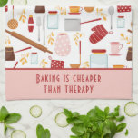 Funny Baking Saying Modern Kitchen Pink Tea Towel<br><div class="desc">Funny Baking Saying Modern Kitchen Pink Kitchen Towel Tea Towel features a colourful kitchen themed pattern with the editable text "Baking is cheaper than therapy" in modern script typography. Perfect gift for those who enjoy baking, cooking and being in the kitchen for Christmas, birthday, Mother's Day and for those that...</div>