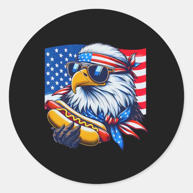 Funny Bald Eagle Hotdog American Flag 4th Of July  Classic Round Sticker (Front)